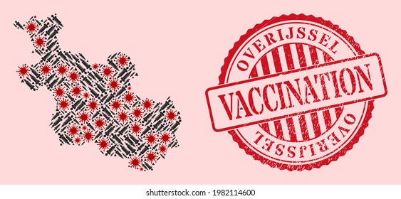 Vector collage Overijssel Province map of flu virus, vaccination icons, and red grunge vaccination stamp. Virus elements and vaccination items inside Overijssel Province map.