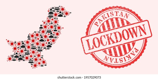 Vector collage Pakistan map of flu virus, masked people and red grunge lockdown stamp. Virus elements and people in masks inside Pakistan map. Red seal with grunge rubber texture and LOCKDOWN caption.