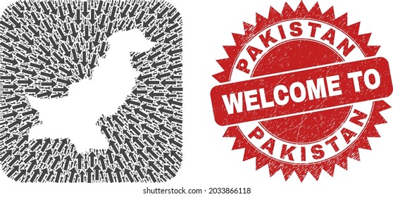 Vector collage Pakistan map of straight arrows and scratched Welcome stamp. Collage geographic Pakistan map constructed as stencil from rounded square with straight arrows.