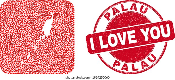 Vector collage Palau map of love heart items and grunge love seal stamp. Collage geographic Palau map created as hole from rounded square shape with lovely hearts.