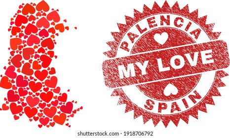 Vector collage Palencia Province map of love heart items and grunge My Love seal. Collage geographic Palencia Province map designed with valentine hearts.
