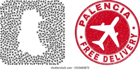 Vector collage Palencia Province map of aviation elements and grunge Free Delivery badge.