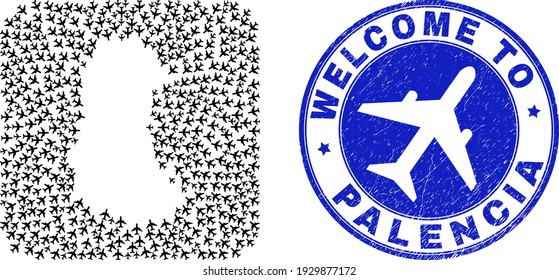 Vector collage Palencia Province map of tourism elements and grunge Welcome seal. Collage geographic Palencia Province map created as carved shape from rounded square shape with airplanes.