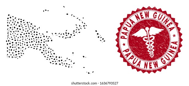 Vector collage Papua New Guinea map and red round corroded stamp watermark with health care sign. Papua New Guinea map collage designed with oval spots. Red round medic stamp, with unclean texture.