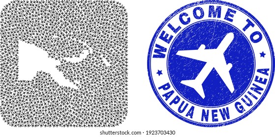 Vector collage Papua New Guinea map of air shipping elements and grunge Welcome seal stamp. Collage geographic Papua New Guinea map constructed as subtraction from rounded square with airliners.