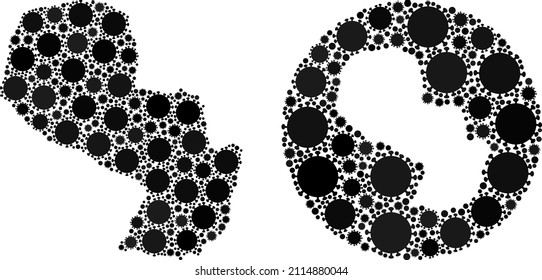Mapa del paraguayo del collage vectorial de los elementos del virus del cóvido. Mapa geográfico mosaico de Paraguay creado como forma tallada de forma redonda con elementos del virus de la gripe en tonos de color negro.