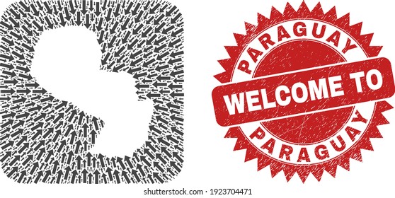 Vector collage Paraguay map of delivery arrows and grunge Welcome seal stamp. Collage geographic Paraguay map designed as hole from rounded square using movement arrows.