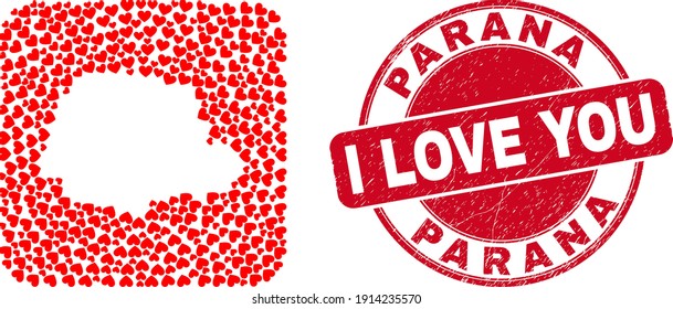 Vector collage Parana State map of love heart elements and grunge love seal stamp. Mosaic geographic Parana State map created as subtraction from rounded square shape with love hearts.