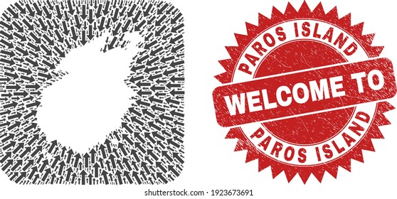 Vector collage Paros Island map of migration arrows and rubber Welcome badge. Mosaic geographic Paros Island map designed as carved shape from rounded square with pointing arrows.