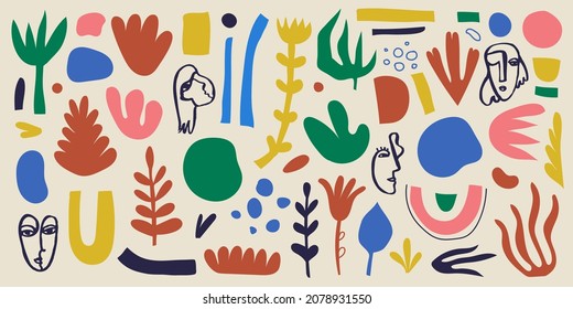 Vector collage pattern, background. Hand drawn various shapes and doodle objects, flowers, leaves, human faces. Abstract contemporary art modern trendy illustration.