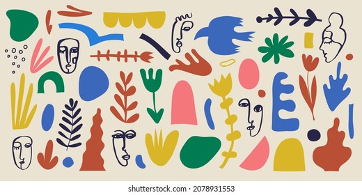 Vector collage pattern, background. Hand drawn various shapes and doodle objects, flowers, leaves, human faces. Abstract contemporary art modern trendy illustration.