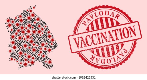 Vector collage Pavlodar Region map of SARS virus, treatment icons, and red grunge vaccination seal stamp. Virus cells and syringe needles inside Pavlodar Region map.