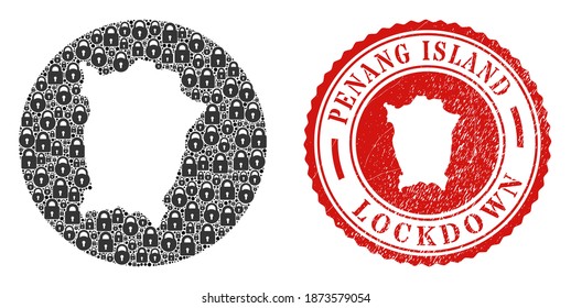 Vector collage Penang Island map of locks and grunge LOCKDOWN seal. Mosaic geographic Penang Island map created as stencil from round shape with black locks.