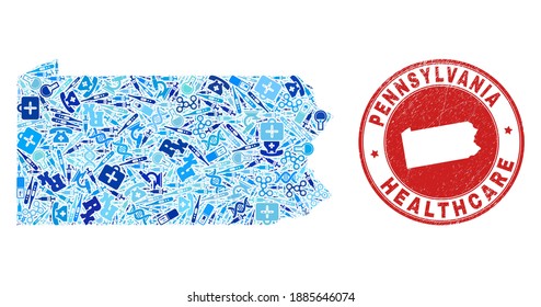 Vector collage Pennsylvania State map of medical icons, laboratory symbols, and grunge health care seal. Red round seal with grunge rubber texture and Pennsylvania State map text and map.