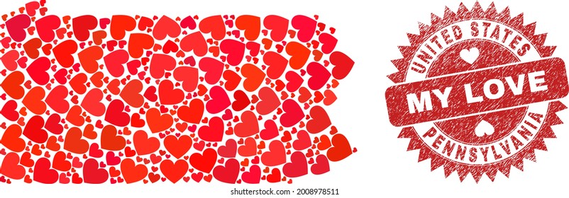 Collage vectorial del estado de Pennsylvania Mapa de los ítems del corazón amoroso y estampado del sello de mi amor. Mapa geográfico collage del estado de Pensilvania diseñado con corazones de amor.