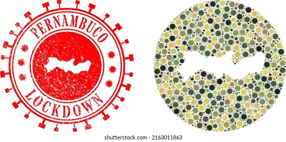 Vector collage Pernambuco State map of SARS virus items and grunge LOCKDOWN stamp.