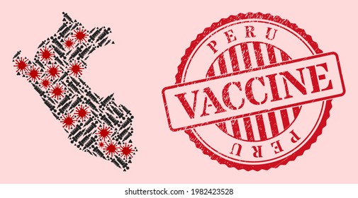 Vector collage Peru map of flu virus, vaccination icons, and red grunge vaccine seal. Virus items and syringe items inside Peru map. Red imprint with grunge rubber texture and vaccine caption.