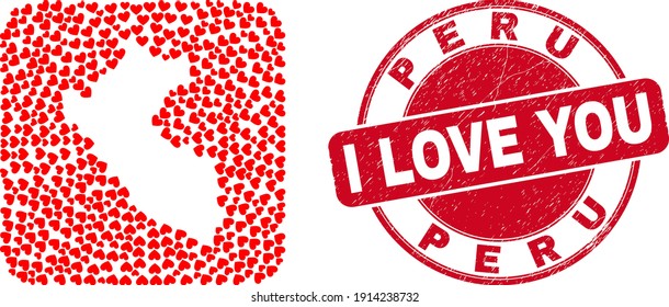 Vector collage Peru map of valentine heart elements and grunge love badge. Collage geographic Peru map designed as hole from rounded square with valentine hearts.