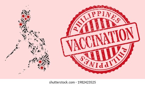 Vector collage Philippines map of flu virus, vaccination icons, and red grunge vaccination seal stamp. Virus particles and vaccine items inside Philippines map.