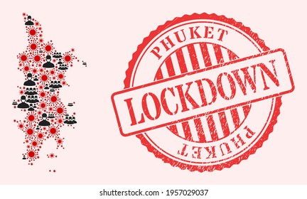Mapa de Phuket de colección de vectores del virus SARS, personas enmascaradas y sello de sellado de bloqueo de grunge rojo. Elementos de virus y personas con máscaras dentro del mapa de Phuket. Sello rojo con textura de caucho impura y etiqueta LOCKDOWN.