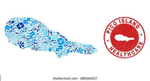 Collage vectorial en el mapa de la isla de Pico con íconos de jeringa, símbolos de laboratorios y sello de sello de salud grunge. Sello rojo redondo con textura de caucho impura y mapa de la isla de Pico.