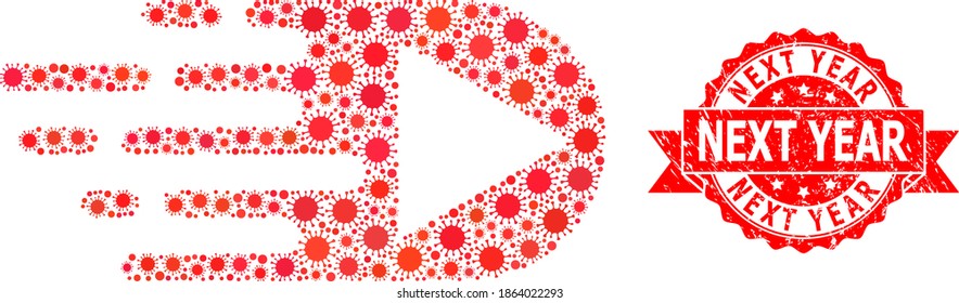 Vector collage play function with SARS viruses, and Next Year unclean ribbon seal imitation. Virus particles inside play function collage. Red seal contains Next Year tag inside ribbon.