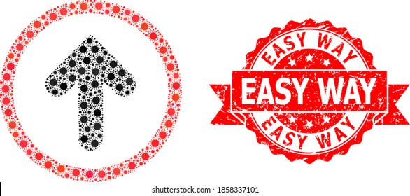 Vector collage up pointer of covid-2019 virus, and Easy Way grunge ribbon seal imitation. Virus cells inside up pointer collage. Red stamp seal has Easy Way title inside ribbon.