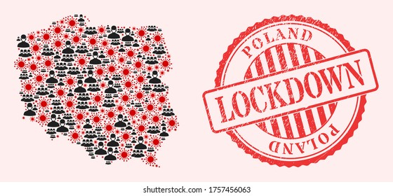 Vector collage Poland map of flu virus, masked people and red grunge lockdown seal stamp. Virus elements and people in masks inside Poland map.