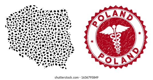 Vector collage Poland map and red round corroded stamp seal with serpents icon. Poland map collage designed with ellipse items. Red round health care stamp, with distress texture.