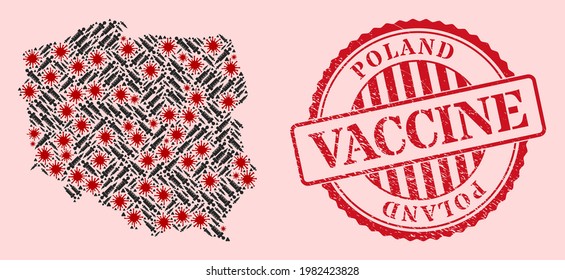 Vector collage Poland map of SARS virus, injection icons, and red grunge vaccination seal stamp. Virus items and vaccination items inside Poland map.