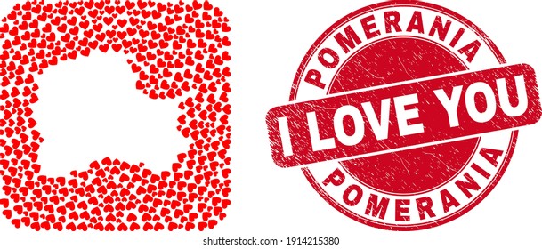 Collage vectorial Mapa de voivodía de Pomerania de elementos cardíacos valentinos y estampado de amor de grunge. Mapa de voivodía pomeraniano geográfico mosaico creado como galería de símbolos de cuadrado redondeado con corazones de amor.