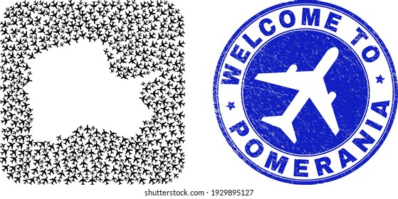 Vector collage Pomeranian Voivodeship map of aviation items and grunge Welcome seal. Collage geographic Pomeranian Voivodeship map created as hole from rounded square with airlines.