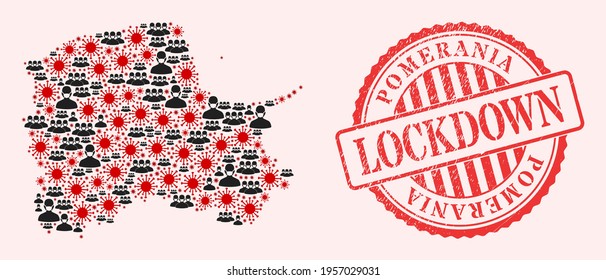 Vector collage Pomeranian Voivodeship map of covid-2019 virus, masked men and red grunge lockdown seal. Virus particles and men in masks inside Pomeranian Voivodeship map.