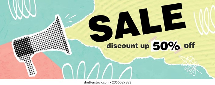 Vector collage pop art banner. Loudspeaker announces crazy promotions. Doodle elements on retro poster. Stylish modern advertising poster design with green and yellow and orange elements.