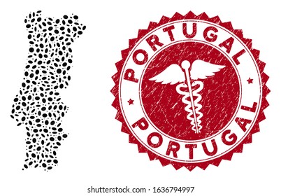 Vector collage Portugal map and red rounded corroded stamp watermark with health care icon. Portugal map collage created with oval items. Red rounded health care seal, with scratched texture.