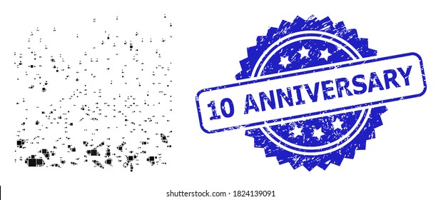 Vector collage powder participles, and 10 Anniversary grunge rosette stamp seal. Blue stamp seal includes 10 Anniversary caption inside rosette.