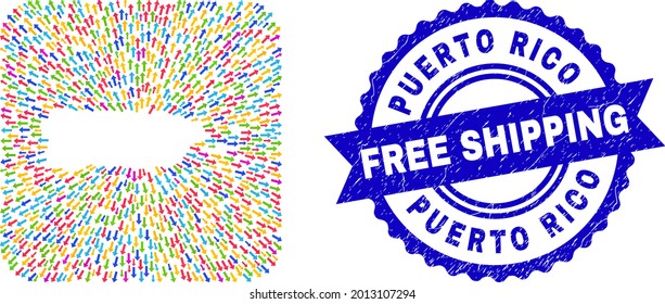Vector collage Puerto Rico map of pointing arrows and scratched Free Shipping badge. Collage Puerto Rico map designed as subtraction from rounded square with moving arrows.