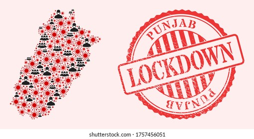 Vector Collage Punjab Province Map Of Corona Virus, Masked Men And Red Grunge Lockdown Stamp. Virus Particles And Men In Masks Inside Punjab Province Map.