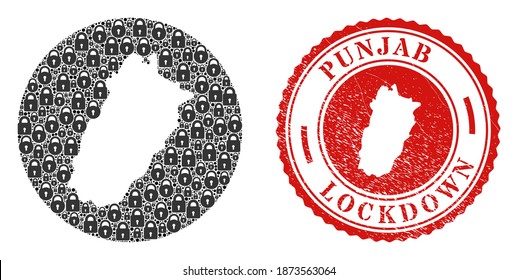 Collage vectorial de Punjab, mapa de cerraduras y estampado LOCKDOWN. Mapa geográfico mosaico de la provincia de Punjab creado como agujero de forma redonda con cerraduras negras.