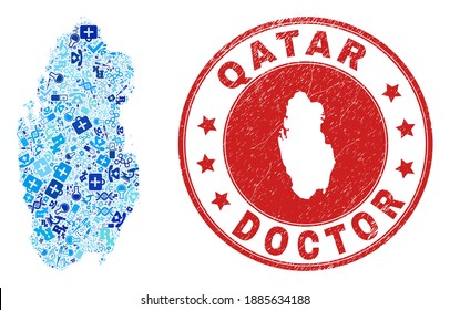 Vector collage Qatar map with vaccination icons, medicine symbols, and grunge health care rubber imitation. Red round stamp with corroded rubber texture and Qatar map text and map.