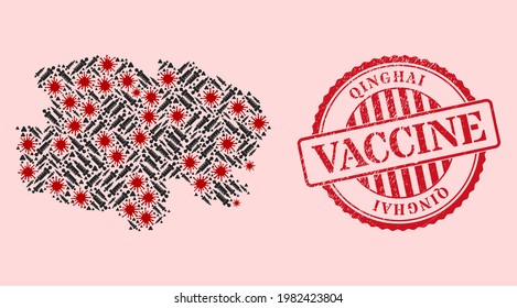 Vektor sammelt die Landkarte des Koronavirus, der Impfsymbole und des roten Grunge-Impfstoffsiegels in der Provinz Qinghai. Viruspartikel und Impfpartikel innerhalb der Landkarte der Provinz Qinghai.