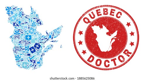 Vector collage Quebec Province map with healthcare icons, analysis symbols, and grunge healthcare imprint. Red round imprint with grunge rubber texture and Quebec Province map word and map.