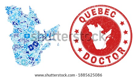 Vector collage Quebec Province map with healthcare icons, analysis symbols, and grunge healthcare imprint. Red round imprint with grunge rubber texture and Quebec Province map word and map.