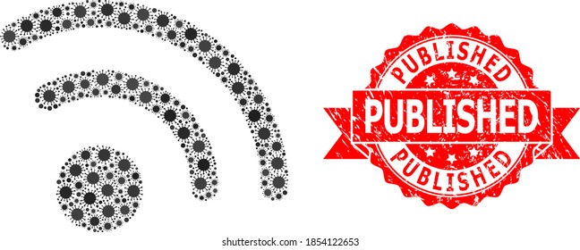 Vector collage radio signal of SARS virus, and Published corroded ribbon seal imitation. Virus particles inside radio signal collage. Red seal includes Published text inside ribbon.