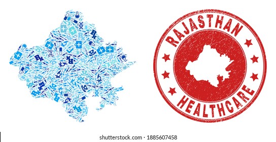 Vector collage Rajasthan State map of healthcare icons, hospital symbols, and grunge healthcare seal stamp. Red round seal with grunge rubber texture and Rajasthan State map word and map.