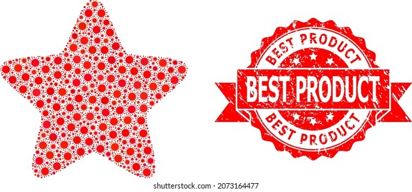 Vector collage red star of corona virus, and Best Product textured ribbon seal print. Virus particles inside red star collage. Red stamp seal includes Best Product tag inside ribbon.