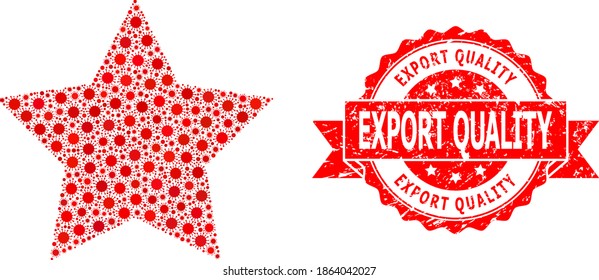 Vector collage red star of coronavirus, and Export Quality rubber ribbon stamp seal. Virus items inside red star composition. Red stamp seal contains Export Quality tag inside ribbon.