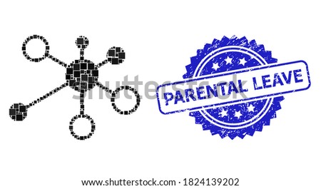 Vector collage relations, and Parental Leave corroded rosette stamp. Blue stamp includes Parental Leave caption inside rosette. Square spots are grouped into abstract collage relations icon.