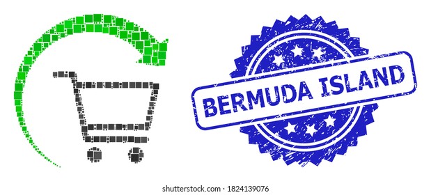 Vector Collage Repeat Purchase Order, And Bermuda Island Corroded Rosette Seal. Blue Stamp Seal Includes Bermuda Island Title Inside Rosette.