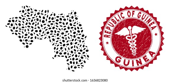 Vector collage Republic of Guinea map and red round grunge stamp seal with medical sign. Republic of Guinea map collage created with ellipse items. Red round caduceus seal, with grunge texture.